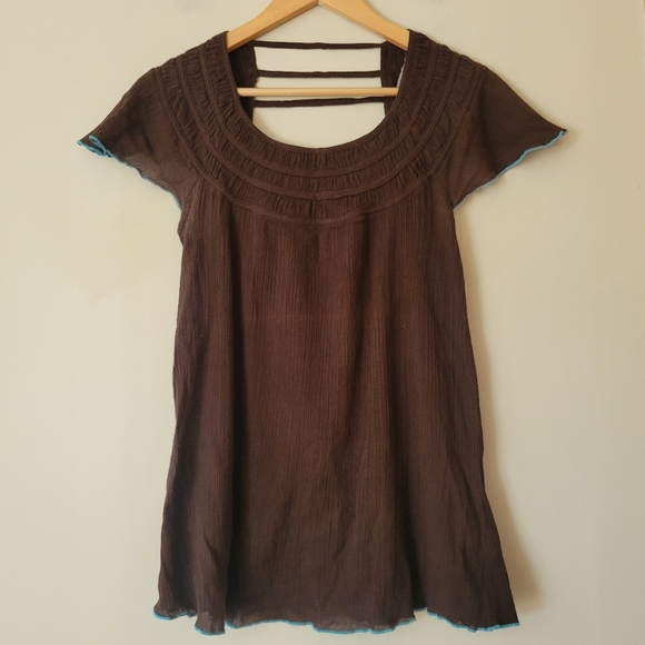 Free People Tops - Free People Vintage Y2K Babydoll Gauzy Crinkle Cotton Boho Brown Top Size Small